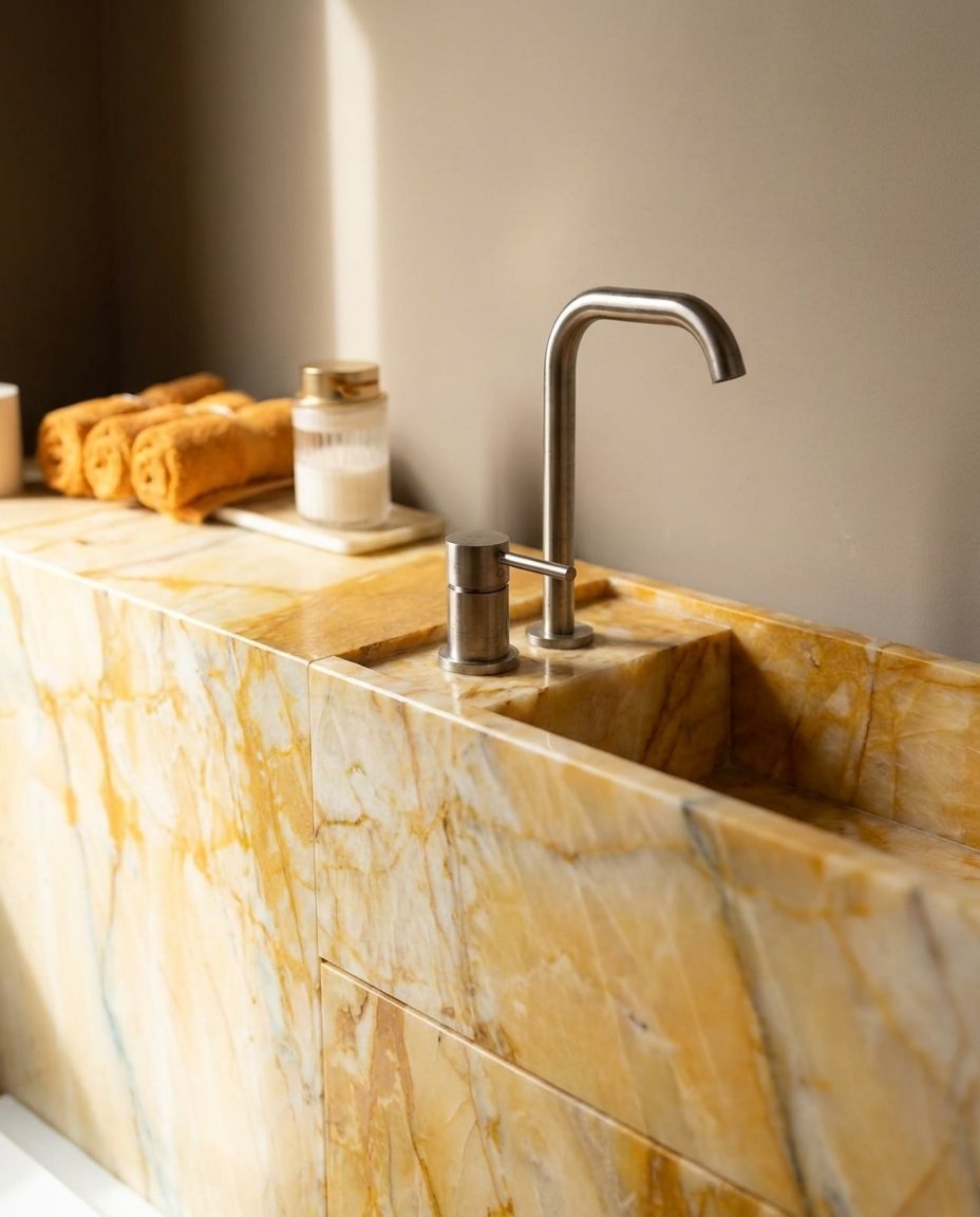 Dettaglio del lavabo ricavato nel marmo giallo venato con rubinetto in acciaio spazzolato