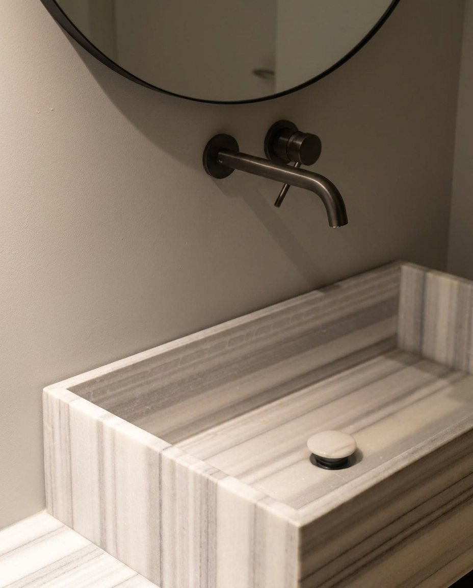 Dettaglio di lavabo in marmo rigato