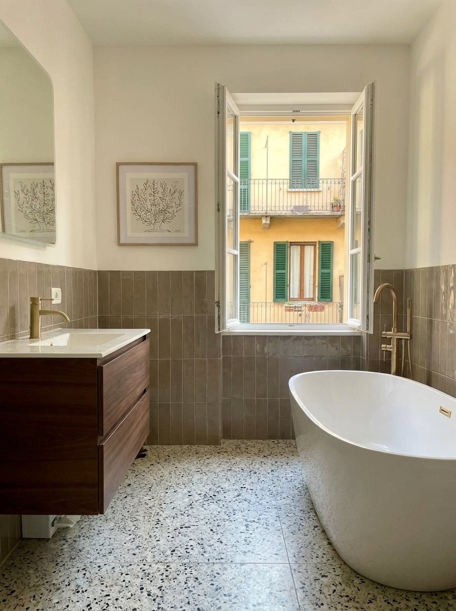 Bagno con pavimento in terrazzo, mobile lavabo in noce, vasca freestanding con rubinetteria in ottone e finestra su un cortile milanese